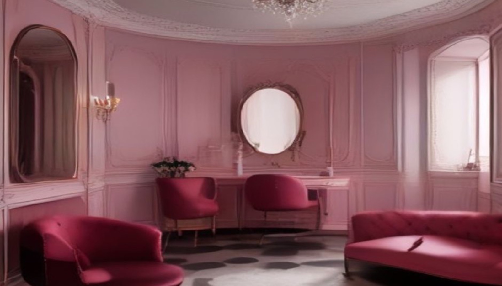 A styling station with a round mirror